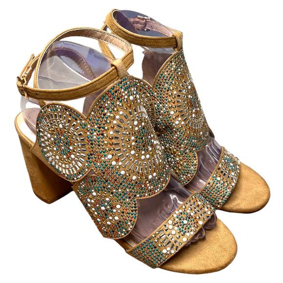 VENUS Womens 8 Tan Embellished Beaded Sandals Ankle Strap Block Heel - Picture 8 of 15